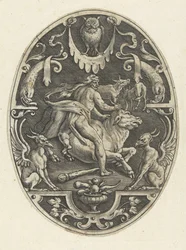 Hércules captura o touro cretense Decorações de superfície oval com os feitos de Hércules em grotescos (título da série)