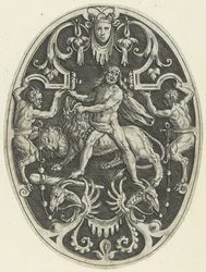 Decoração de planos: Hércules e o leão Nemean
Decorações de plano oval representando os feitos de Hércules em grotescos (título da série)