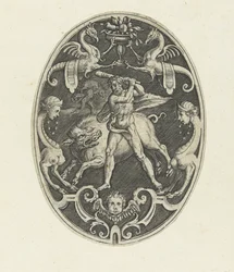 Decoração de planos: Hércules captura o javali eritmânico
Decorações de plano oval representando os feitos de Hércules em grotescos (título da série)