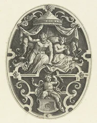 Decoração da superfície: Hércules estrangula as duas cobras em seu berço Decorações de superfície oval com os feitos de Hércules em grotescos (título da série)
