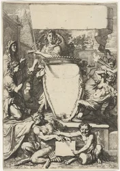 Cartouche rodeado de figuras alegóricas