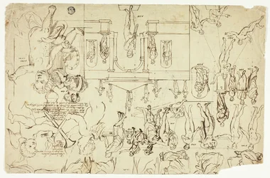 Cópias após ilustrações de estátuas e pinturas (anverso); Medidas para o esqueleto de um homem (verso)