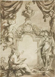 Desenho para a página de rosto: Clio a receber um ditado de Minerva