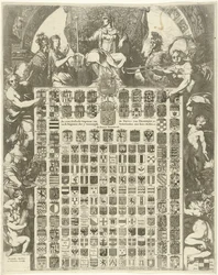 Brasão de armas do Príncipe Guilherme III em moldura alegórica
As Armas de Género LXIIII do Príncipe de Oraenjen, etc. e as Armas dos 7 Países Baixos Unidos com as suas Cidades, etc. (título sobre o objecto)