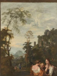 Paisagem italiana com três mulheres a tocar música