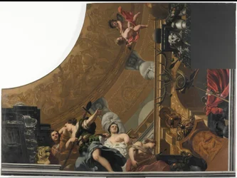 Parte (canto inferior direito) de uma pintura do teto com Diana e seus companheiros como a representação principal