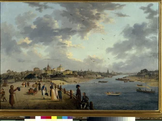 O rio Yaouza em Moscou. (O rio Yauza em Moscou). Vista da cidade e descrição das margens do afluente do Moscova. Pintura de Gerard de la Barthe (ativo entre 1787-1810), óleo sobre tela, por volta de 1790. Arte francesa