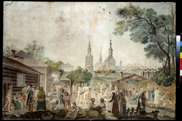 Une cure thermale (Sauna) a Moscou (Um banho de cura em Moscovo). Peinture de Gerard de la Barthe (actif entre 1787 e 1810). Aquarelle sur papier, 45,7 x 66,7 cm, vers 1790. Art francais du 18e siecle. Museu de colecções privadas em A.Pushkin Museu de Fine