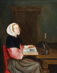 Um interior com uma mulher sentada a uma mesa segurando um livro (óleo sobre painel)