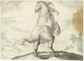 Cavalo de corrida em frente a uma cena portuária italiana