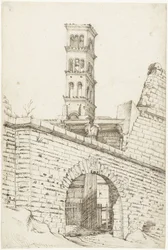 Templo de Marte Ultor e o Arco Pantani no Fórum de Augusto e a torre de San Basilio