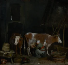 Uma criada a ordenhar uma vaca num celeiro