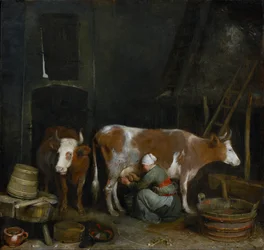 Uma empregada doméstica ordenhando uma vaca em um celeiro, c.1652-54 (óleo no painel)