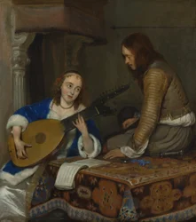 Uma mulher que joga o Theorbo-Lute e um Cavalier, c.1658