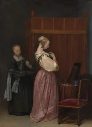 Uma jovem mulher em seu banheiro com uma empregada doméstica, c.1650-51
