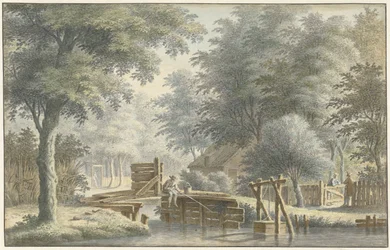 Paisagem com uma ponte sobre a qual está um pescador
