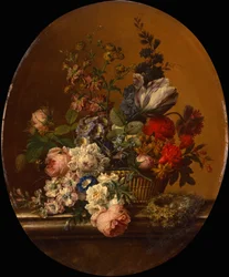 Natureza Morta de Flores num Cesto com um Ninho de Dunnock num Lado de Pedra (óleo sobre tela)