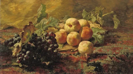 Uvas azuis e pêssegos num cesto de vime