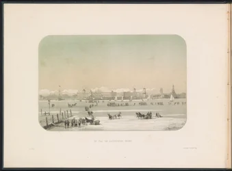 Entretenimento de gelo no Maas em Rotterdam, visto de Katendrecht, 1855 A cidade de Katendrecht vista (título no objeto) O entretenimento de gelo no Maas em Rotterdam em fevereiro de 1855, com legendas (título da série no objeto)