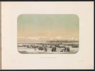 Entretenimento no gelo no rio Maas em Roterdão, a fábrica em Feijenoord à distância, 1855
O rio Maas em frente à fábrica no Feijenoord (título sobre o objecto)
Entretenimento no rio Maas em Roterdão, em Fevereiro de 1855, com legendas (título da série so