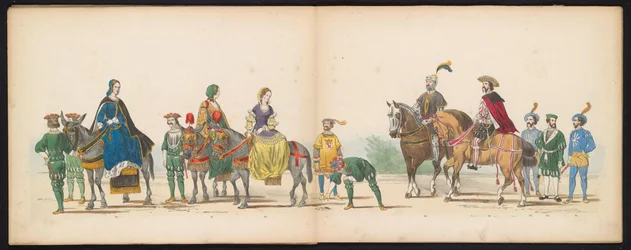 Mascarada dos estudantes de Leiden, 1855 (placa 10)
Desfile com trajes realizados pelos membros do corpo estudantil de Leiden em 12 de Junho de 1855, em celebração do 280º aniversário da Universidade de Leiden, retratando a entrada de Carlos V na Holanda.