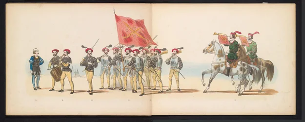 Mascarada dos estudantes de Leiden, 1855 (placa 12)
Desfile com trajes realizados pelos membros do corpo estudantil de Leiden em 12 de Junho de 1855, em celebração do 280º aniversário da Universidade de Leiden, retratando a entrada de Carlos V na Holanda.