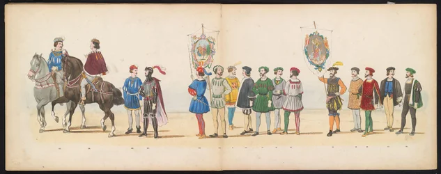 Mascarada dos estudantes de Leiden, 1855 (placa 13)
Desfile com trajes realizados pelos membros do corpo estudantil de Leiden em 12 de Junho de 1855, em celebração do 280º aniversário da Universidade de Leiden, retratando a entrada de Carlos V na Holanda.