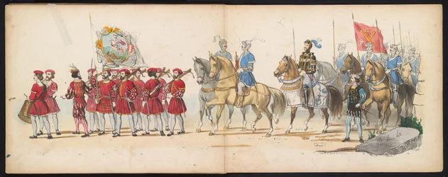 Mascarada dos estudantes de Leiden, 1855 (placa 14)
Desfile com trajes realizados pelos membros do corpo estudantil de Leiden em 12 de Junho de 1855, em celebração do 280º aniversário da Universidade de Leiden, retratando a entrada de Carlos V na Holanda.