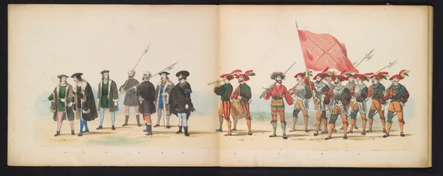 Mascarada dos estudantes de Leiden, 1855 (placa 3)
Desfile com trajes realizados pelos membros do corpo estudantil de Leiden em 12 de Junho de 1855, em celebração do 280º aniversário da Universidade de Leiden, retratando a entrada de Carlos V na universid