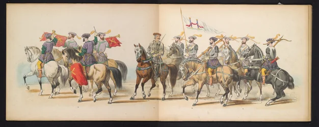 Máscara dos Estudantes de Leiden, 1855 (placa 6) Procissão fantasiada realizada pelos membros do corpo estudantil de Leiden em 12 de junho de 1855, em comemoração aos 280 anos da Leidsche Hoogeschool, representando a entrada de Carlos V na