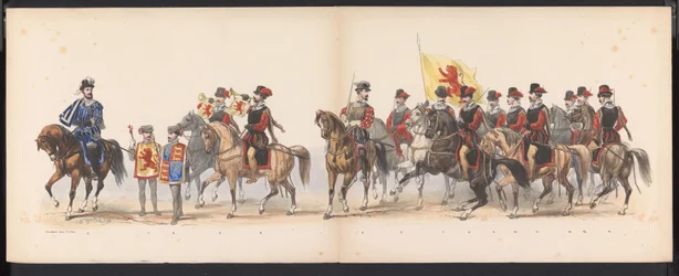 Máscara dos Estudantes de Leiden, 1870 (placa 1) Procissão fantasiada realizada pelos membros do corpo estudantil de Leiden em 7 de junho de 1870, em comemoração aos 295 anos da Leidsche Hoogeschool, retratando uma visita a Leiden em