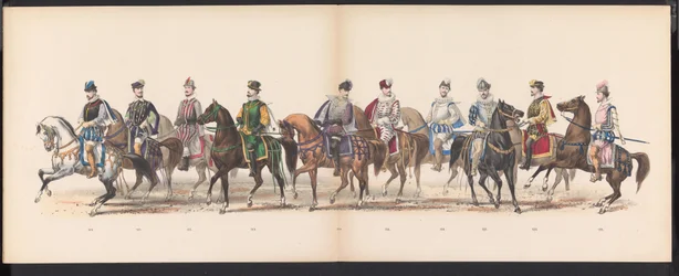 Máscara dos estudantes de Leiden, 1870 (placa 10) Procissão fantasiada realizada pelos membros do corpo estudantil de Leiden em 7 de junho de 1870, em comemoração aos 295 anos da Leidsche Hoogeschool, retratando uma visita a Leiden em