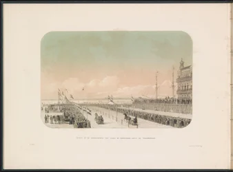 Corrida de carruagens puxadas por cavalos no Maas em Rotterdam, 1855 Vista da corrida de arreios com trenó de cavalo e bobo da corte, ao longo do Willemskade (título no objeto) O entretenimento de gelo no Maas em Rotterdam em fevereiro de 1855, com legenda