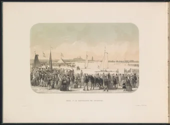 Concurso para iates à vela no gelo no Maas em Rotterdam, 1855 Vista da festa de hardsailing com barcos de gelo (título no objeto) O entretenimento de gelo no Maas em Rotterdam em fevereiro de 1855, com legendas (título da série no objeto)