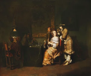 Elegante empresa jogando cartas em um interior, c.1650s