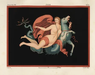 Uma nereida (ninfa do mar) com manto e braceletes montada num monstro marinho ou hipocampo, metade cavalo e metade peixe. Museo Naz. XXII, Stabiae. Desenhado e cromolitografado por Victor Steeger a partir de Emile Presuhn (1844-1878) As Mais Belas Pinturas