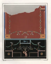 Mural de um átrio da Casa de Triptolemus. VI, Ins. VII, No. 18. Cromolitografia de Victor Steeger a partir de uma ilustração de Geremia Discanno de Emile Presuhn (1844-1878) As Mais Belas Pinturas de Pompeia, Leipzig