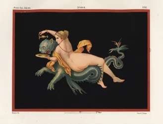 Nereida, ninfa marinha sustentada por um monstro, metade pantera e metade peixe. Museo Naz. XXII, Estábia. Cromolitografia de Victor Steeger segundo uma ilustração de Geremia Discanno de As mais belas pinturas de Pompeia, de Emile Presuhn (1844-1878)