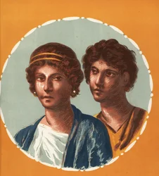 Retrato de um homem e de uma mulher de uma casa não identificada em Pompeia. Cromolitografia de Victor Steeger a partir de uma ilustração de Geremia Discanno de Emile Presuhn (1844-1878) As Mais Belas Pinturas de Pompeia, Leipzig