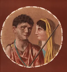 Retrato de um homem e de uma mulher de uma casa não identificada em Pompeia. Cromolitografia de Victor Steeger a partir de uma ilustração de Geremia Discanno de Emile Presuhn (1844-1878) As Mais Belas Pinturas de Pompeia, Leipzig