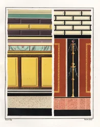 Pinturas murais de salas da Casa dos Epigramas. V, Ins. 1, No. 18. À esquerda, um mural de um átrio e, à direita, um mural de uma antecâmara. Cromolitografia de Victor Steeger a partir de uma ilustração de Geremia Discanno de Emile Presuhn (1844