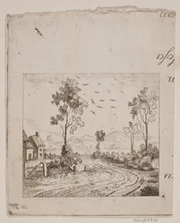 Paisagem com casa por estrada com árvore e pássaros voando