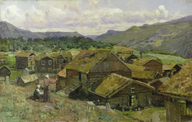 Uma aldeia norueguesa com duas mulheres (óleo sobre tela)