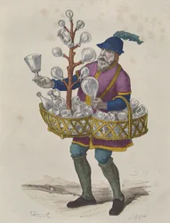 Vidro e vendedor de cristal no século XV, de trajes de Paris a Travers les Siecles publicado de 1887 (gravura a cores)