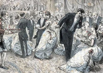 Societe et mondanites: le bal vers 1880 (Alta sociedade e vida social: a bola) gravada de "Les besoins de la vie" de Rengade