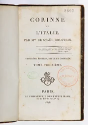 Página de rosto de Corinne ou lItalie, 3ª edição revista e ampliada, 3ª volume, Imprimerie des Freres Mame, Paris, 1808 (impresso)