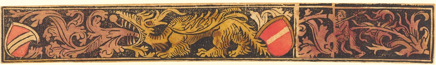 Faixa grotesca com dragão, escudos e homens selvagens