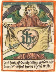 Monograma Sagrado em um Coração Sagrado em um Pano Segurado por um Anjo