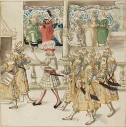 Cavaleiros desfilando em trajes orientais