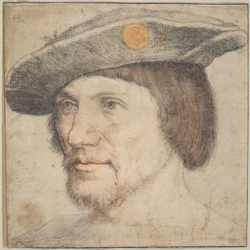 Retrato de um homem usando um chapéu com um medalhão